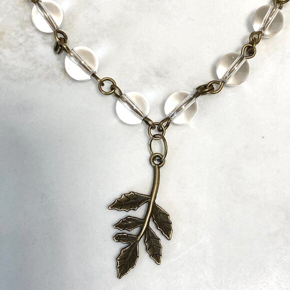 Genuine Clear Quartz Short Necklace, Bronze Leaf Branch + Natural Gemstone - Picture 4 of 16